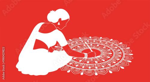 A white silhouette of a woman in a sari drawing a traditional intricate circular rangoli pattern on a red background, depicting Indian cultural art.