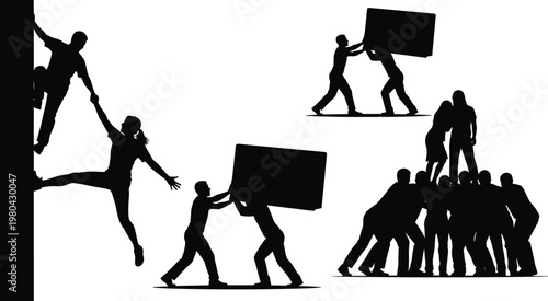 Silhouettes of people working together lifting and supporting each other symbolizing teamwork and collaboration in a dynamic composition