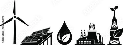 Sustainable energy sources illustration wind solar oil and power infrastructure depicted in a black and white vector style