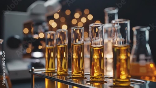 Golden liquid gently swirling inside multiple glass test tubes in a dimly lit science laboratory, ready for chemical analysis footage.