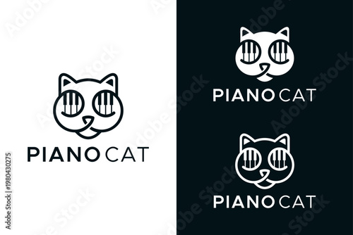 Clever Minimalist Piano Cat Line Art Vector Logo, Modern Music Keys Feline Mascot Icon Design for Creative Brand Identity