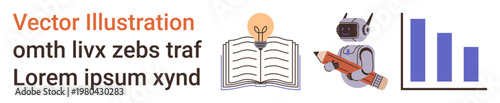 Education, innovation, technology, robotics, artificial intelligence, data analysis. Open book with bulb, robotic figure bar chart. Education and innovation knowledge advancement