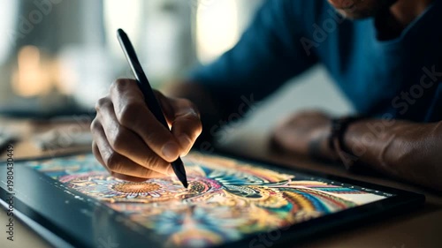 Artist Creating Vibrant Digital Artwork at Home Studio