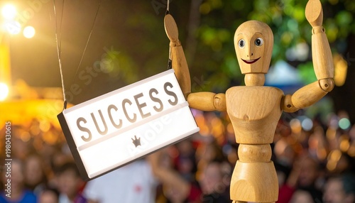   
Wooden puppet suspended by strings with smiling face under glowing “SUCCESS” sign, symbolizing control and achievement.