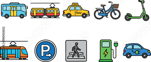 Transportation modes and urban mobility icons