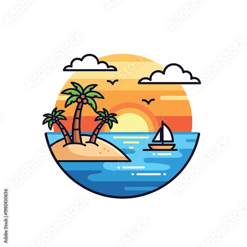 Sailboat on Ocean near Palm Trees.