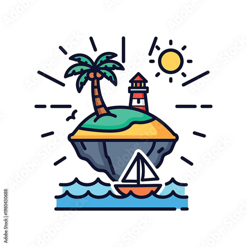 Sailing Boat Under Palm Tree Island.
