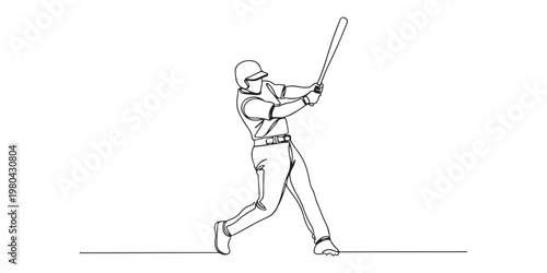 Minimalist baseball hitter athlete performing a powerful swing line drawing.