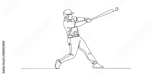 Minimalist baseball hitter athlete performing a powerful swing line drawing.