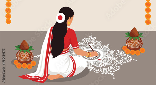 Indian woman in traditional saree creating a beautiful white rangoli design on the floor with kalash decorations for a festive occasion.