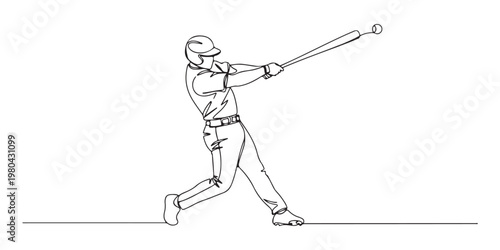 One line art of baseball player swinging bat in a dynamic pose. vector illustration 