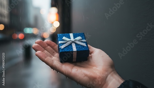 Small Blue Gift Box with Silver Ribbon Held in Hand During Rain