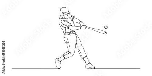 One line art of baseball player swinging bat in a dynamic pose. vector illustration 