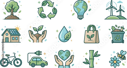 Eco friendly icons for sustainable living and environmental conservation