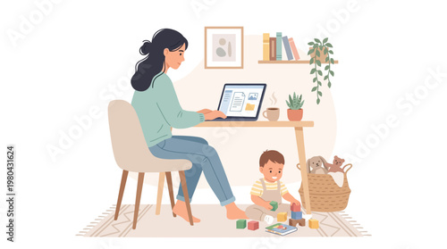 Woman Working Laptop With Baby Nearby.