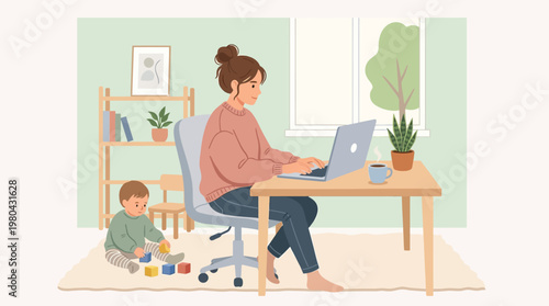 Woman working on laptop with child.