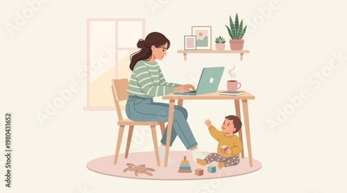 Woman working with baby nearby home.