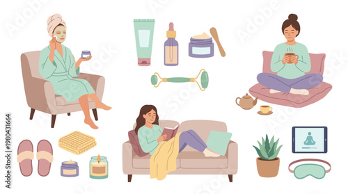 Women relaxing at home with wellness.