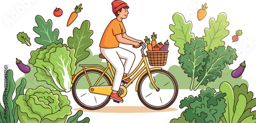 Man riding bicycle with basket full of fresh vegetables surrounded by leafy greens and produce