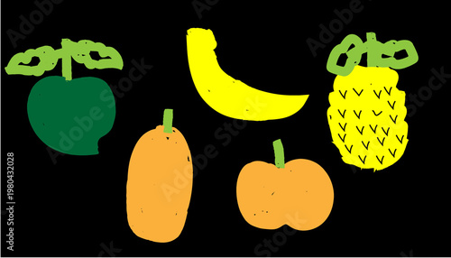 colorful cartoon fruits and vegetables on black background