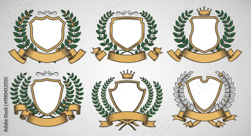Collection of six ornate heraldic crests with shields and banners.