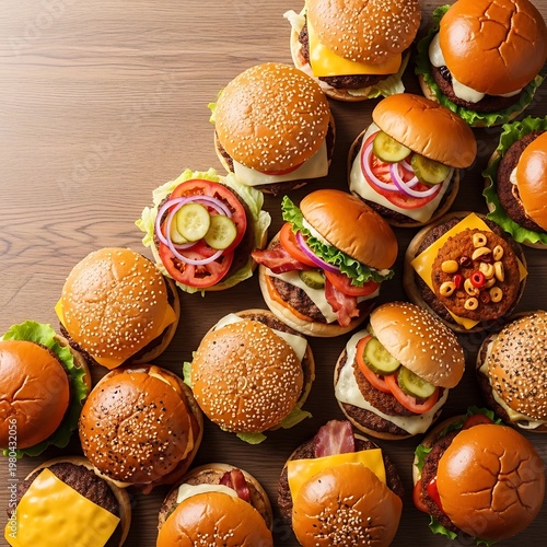Variety of Gourmet Burgers with Fresh Toppings on Wooden Background