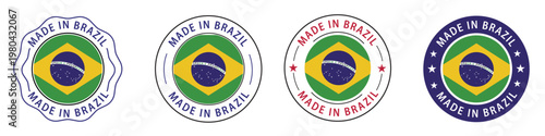 Made in Brazil Round Stamp Badge Icons Set with Brazilian Flag Vector