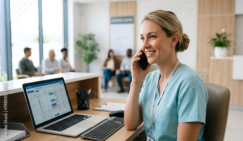 medical front desk worker managing patient data in a calm and hygienic workspace.