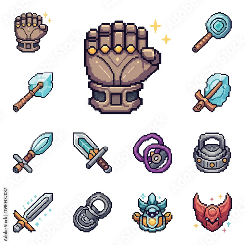 A collection of detailed pixel art icons depicting a variety of RPG items such as powerful gauntlets, magical blades, and sturdy armor sets.