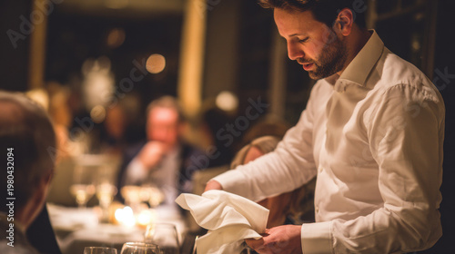 A waiter's side profile using a napkin to pour wine for a guest, elegant restaurant setting. bar promotions, beverage menus, designed for product packaging and bar promotions.