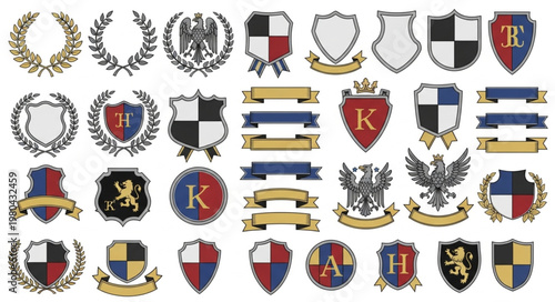 Collection of heraldic shields crests and laurels.