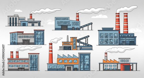 Collection of modern industrial factory buildings with smokestacks emitting smoke.