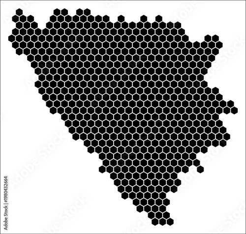 Bosnia and Herzegovina simple black and white hexagon map shape template. Country plain hexagon cell dots. Bosnia and Herzegovina flat honeycomb boundary. Vector Illustration.