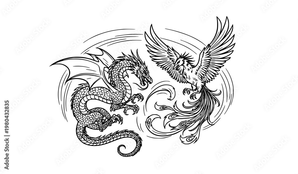Obraz premium Dragon Phoenix Dynamic Line Art Fantasy Creature Vector