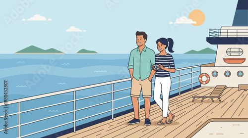 A tranquil flat design illustration depicting a traveling couple enjoying a relaxing cruise on the open sea, surrounded by beautiful ocean views. This image evokes a sense of luxury and peaceful