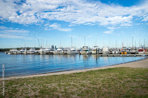 Fotografie Matilda Bay with numerous moored yachts and boats in a sunny day, Perth, Austral
