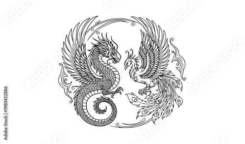 Dragon and Phoenix Line Art Fantasy Mythical Creature Vector