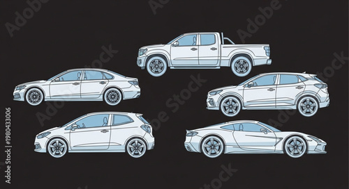 Collection of Modern White Cars and Pickup Truck.