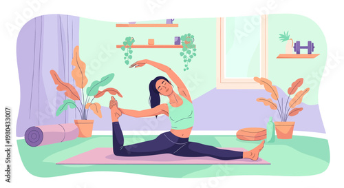 Woman practicing yoga in a serene home environment surrounded by plants and fitness equipment, illustrated in a calming atmosphere
