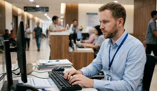 administrative worker handling digital data entry in a modern and organized clinic environment.