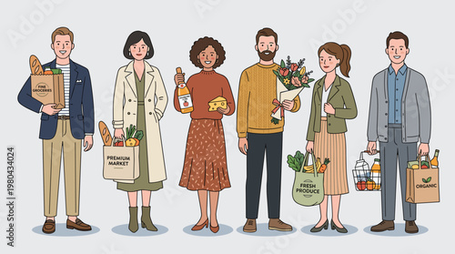 Eco shopping people set with reusable bags, groceries, flowers and sustainable lifestyle characters in flat vector illustration