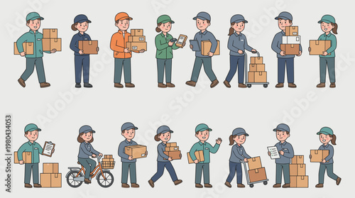 Delivery worker character set with couriers carrying parcels, boxes and packages in flat vector style isolated on white background