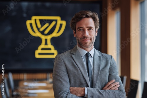 Confident businessman standing in boardroom with trophy icon on screen behind