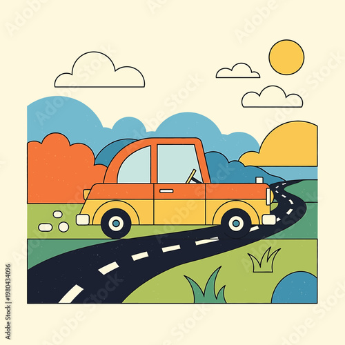 Small Orange Car on Winding Road.