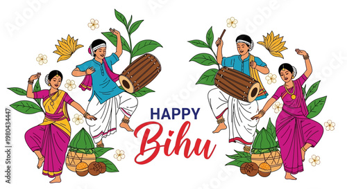 Illustrative vector art showcasing the Happy Bihu celebration, with dancers in traditional Assamese dress performing with dhol drums and gamosas, set against a clean white background