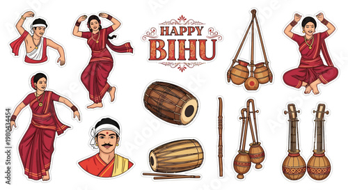 Illustrations depicting the Happy Bihu festival, showcase traditional Assamese culture through dancing figures and musical instruments, set against a clean white background