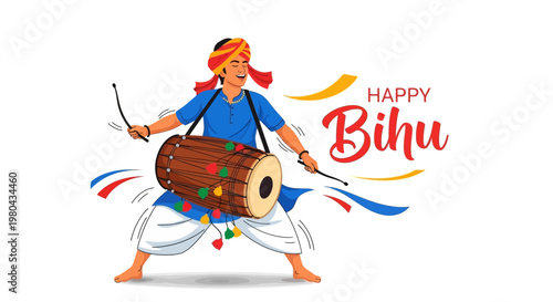 A joyful vector illustration shows a man in traditional Assamese dress playing the dhol drum during the Bihu spring festival, set against a clean white background with colorful festive