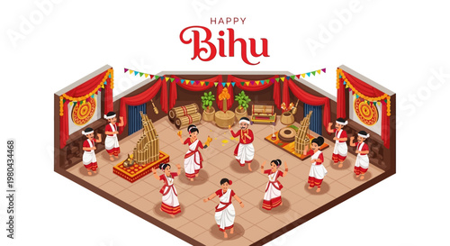Isometric vector illustration of a Happy Bihu celebration showing dancers in traditional Assamese dress performing in a festive Assam atmosphere, with cultural decorations against a clean