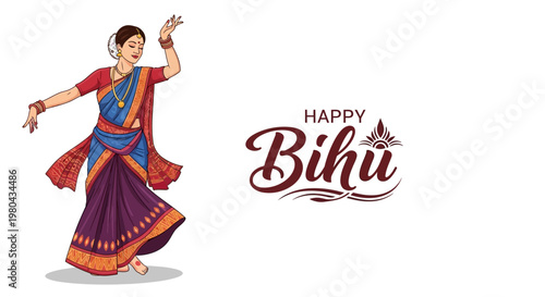 Illustrated vector art displays a woman in traditional Assamese dress gracefully performing a Bihu dance for the Assam harvest festival, set against a clean white backdrop with festive