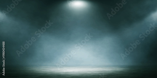 Ethereal light rays pierce through the stormy night mist and heavy rain to create a dramatic textured backdrop of ethereal illumination against a dark, foggy wall